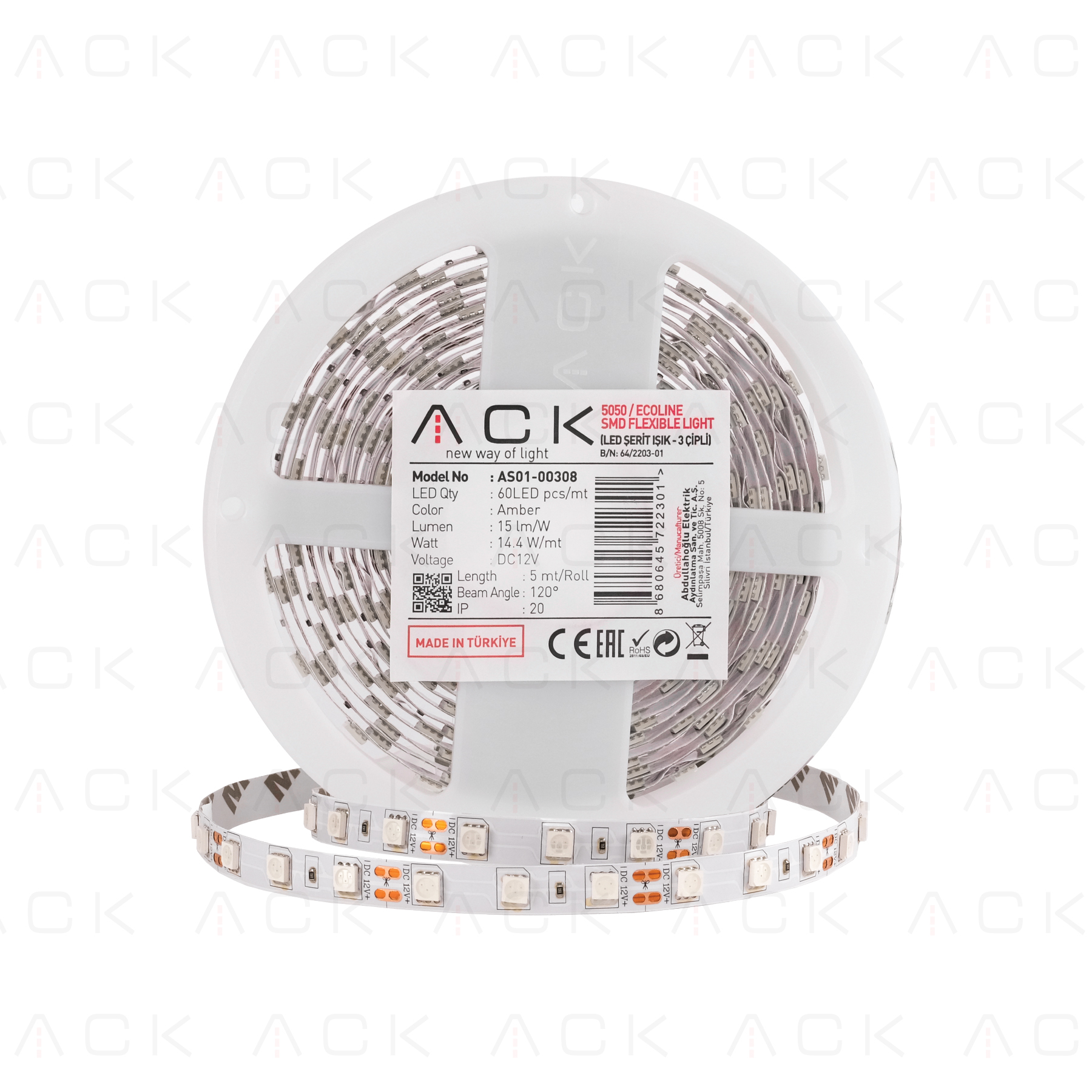  ACK Üç Çipli 60 LED li Şerit LED (Silikonsuz)